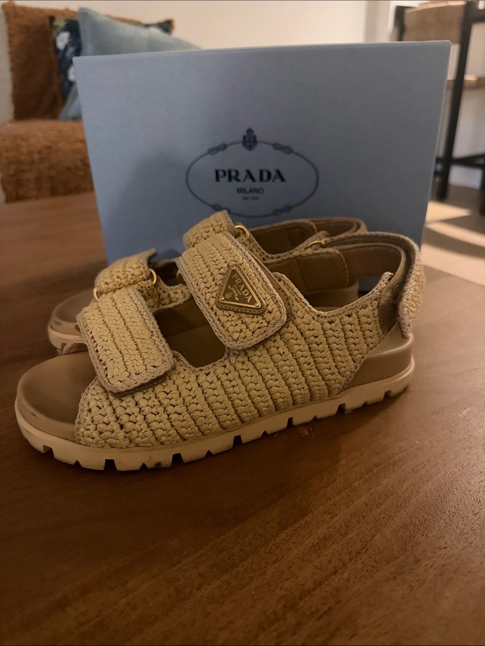 Prada Tan Woven Velcro Sandals - Picture 3 of 6